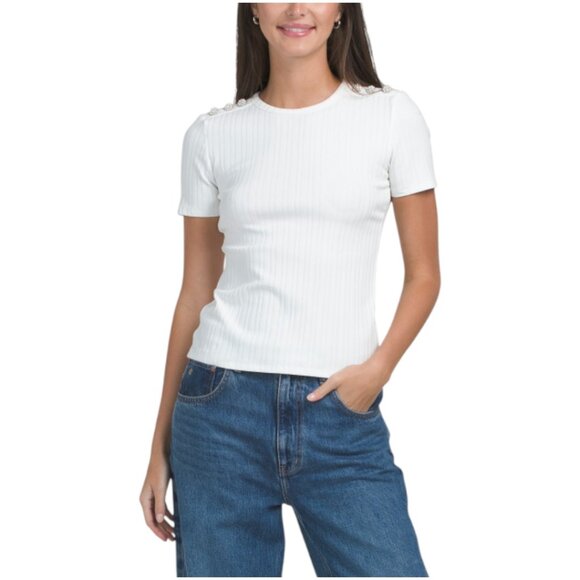 ELIE TAHARI Short Sleeve Crew Neck Ribbed Tee - Picture 1 of 2